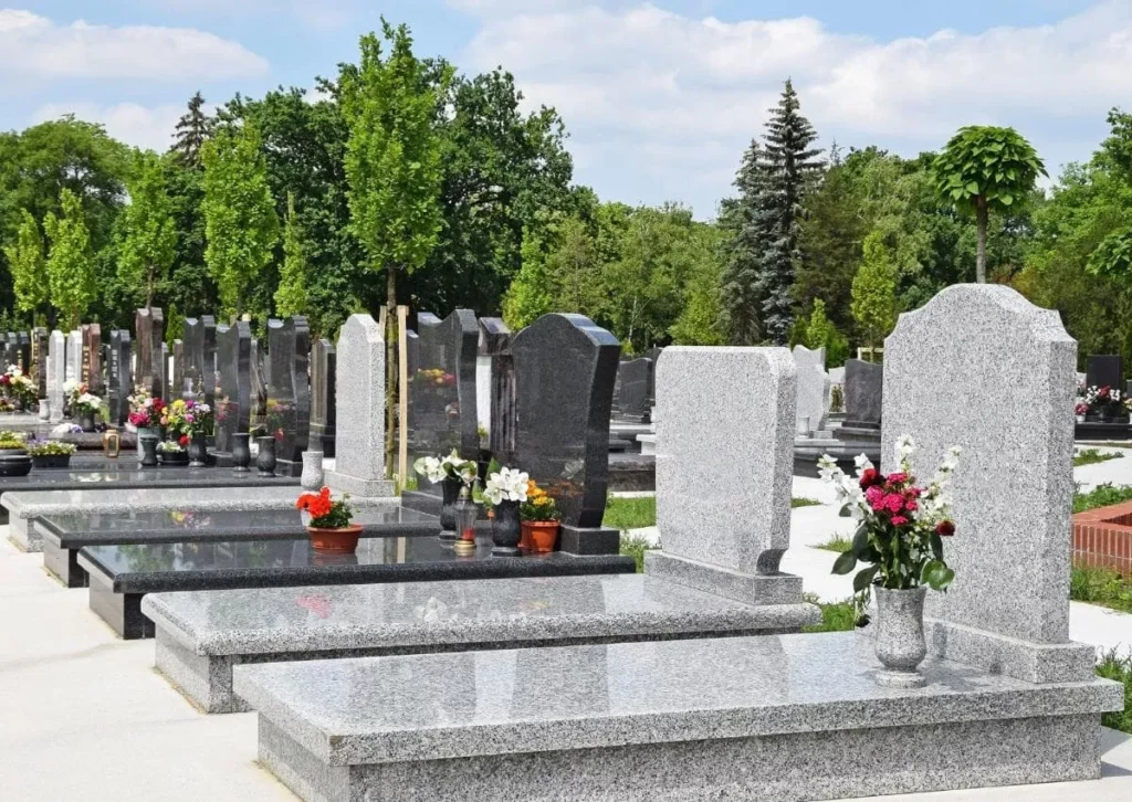 Alignement de monuments funéraires et stèles en granit dans un cimetière.