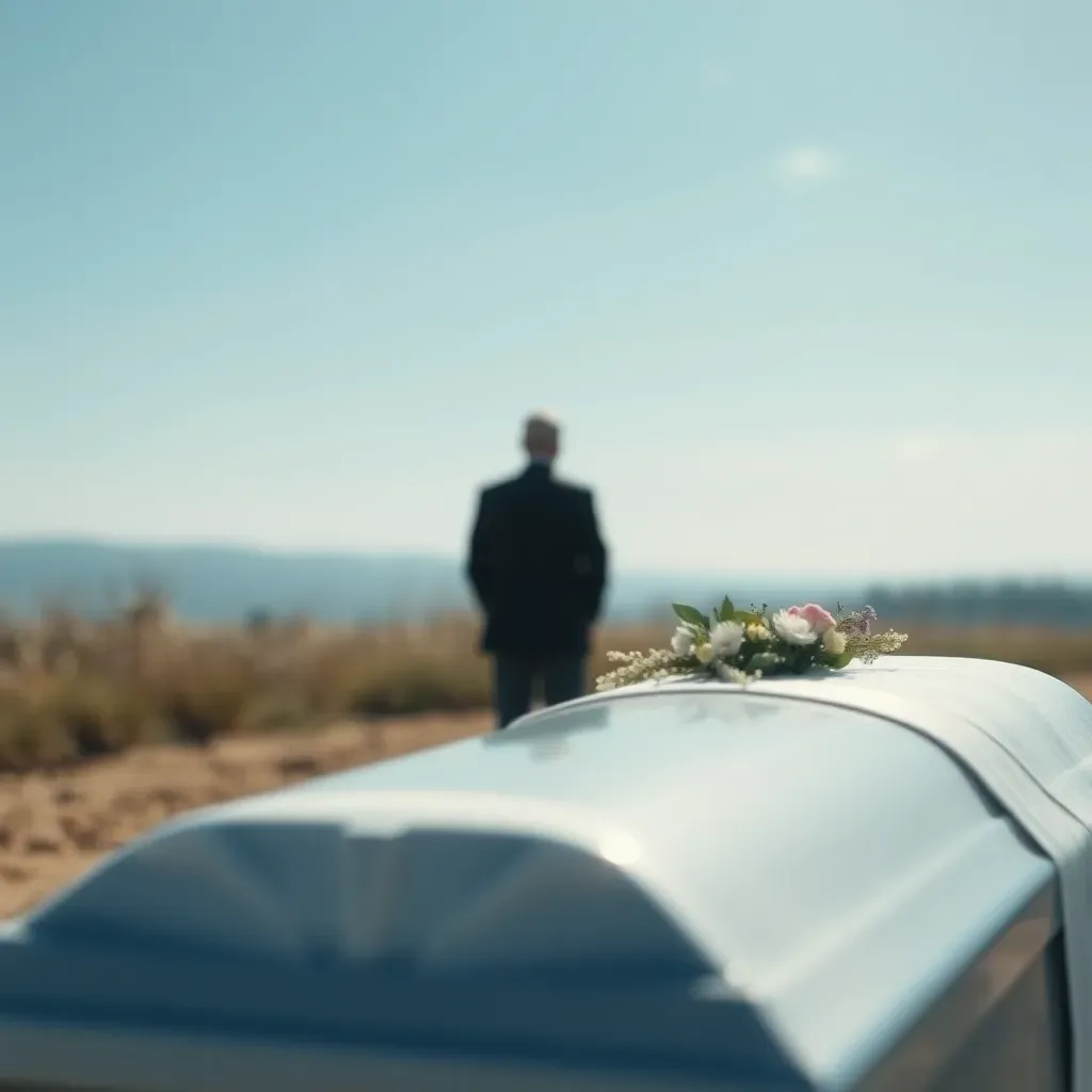 Fleurs déposées sur un cercueil en bois avant une cérémonie funèbre.