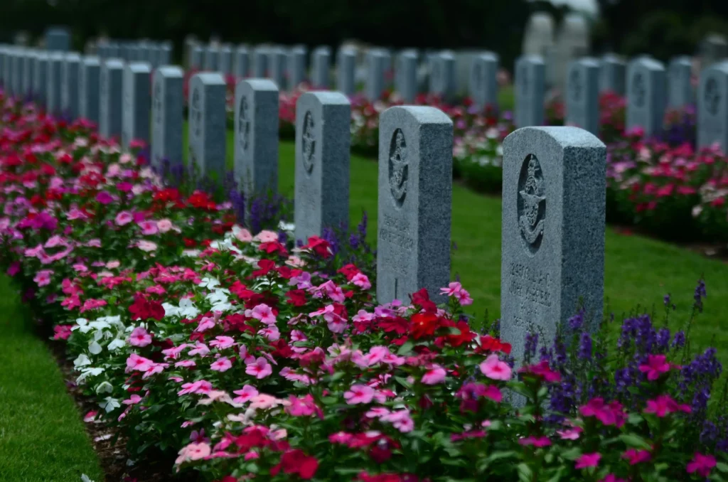 Stèles funéraires alignées le long d'un parterre de fleurs colorées.